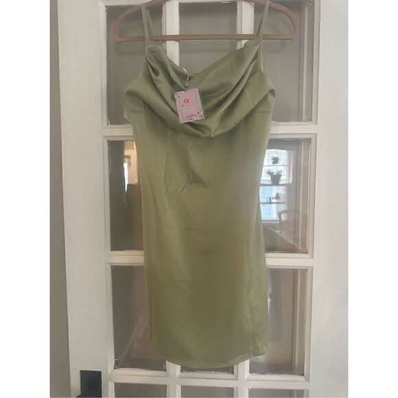 Satin Ruched Cowl Neck Slip Mini Dress size Large Silk Spaghetti Skater Wedding - Picture 5 of 6